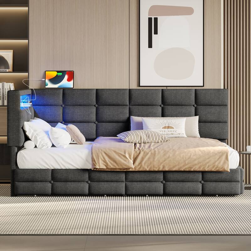 Daybed with 2 Drawers, Upholstered Daybed with Charging Station & LED Lights, Sofa Bed Frame with Storage Headboard