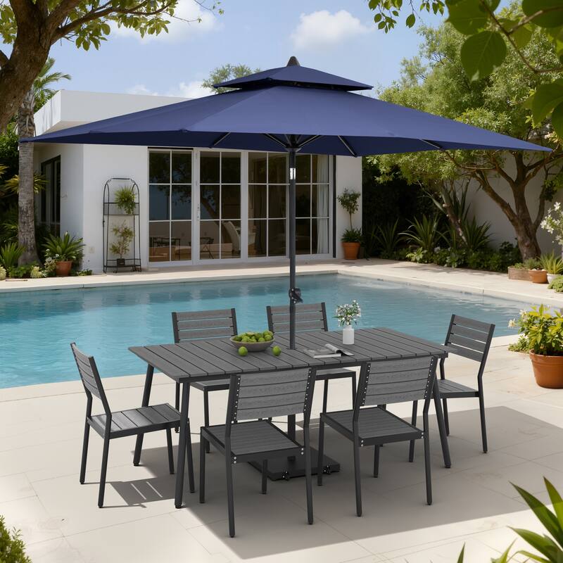 9-Piece Outdoor Patio Dining Set Aluminum Table and 8 Stackable Chairs w/ 10 FT Umbrella with Base - Grey Table with Navy Blue Umbrella