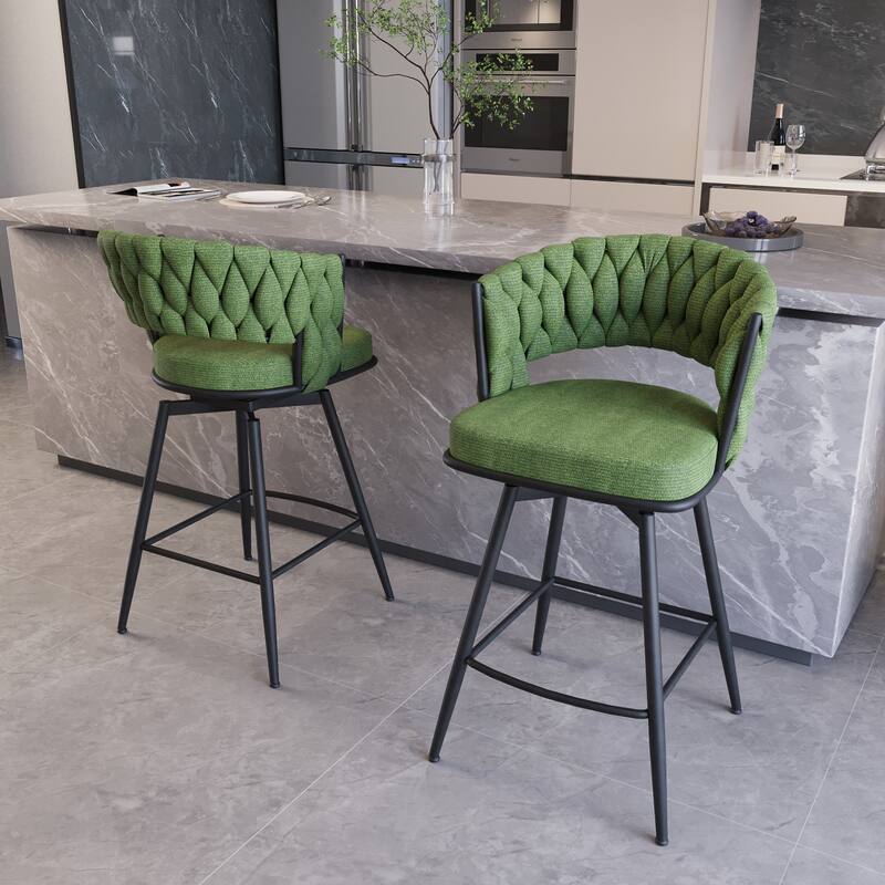 360 Swivel Suede Woven Bar Chair Set of 4, Upholstered Barstools with Metal Base
