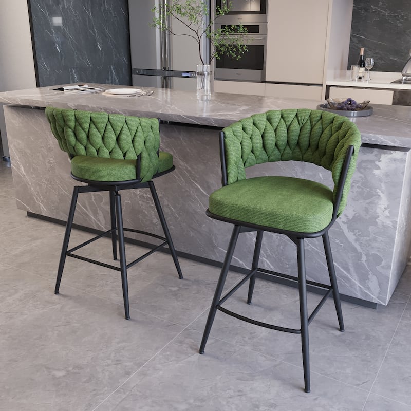 Swivel Accent Chairs Green Linen Armchairs Counter Bar Stool Set of 2 with Woven Backrest, Upholstered Seat and Black Footrest