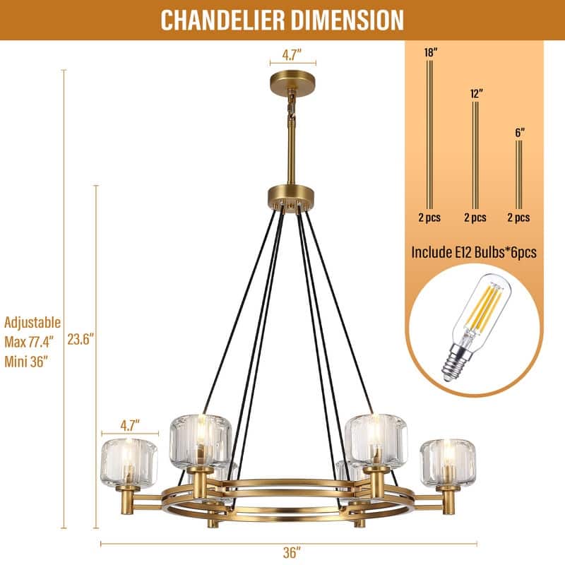 KAYLA 36 in. 6-Light Gold Farmhouse Wagon Wheel Chandelier with Crystal Lampshade