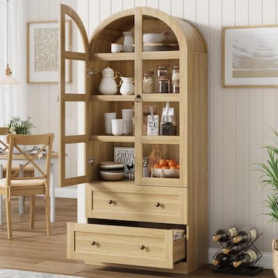 Kitchen Pantry Cabinet, 72" Tall Arched Kitchen Pantry Storage Cabinet, Wood Versatile Rustic Cupboard with Drawers