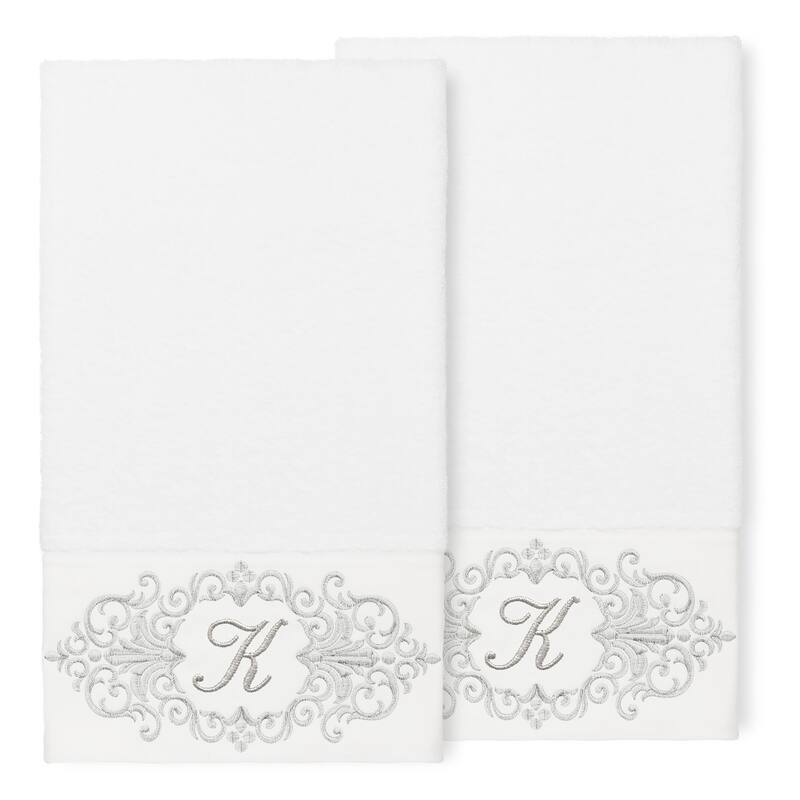 Authentic Hotel and Spa 100% Turkish Cotton Monica 2PC Embellished Bath Towel Set - K - White
