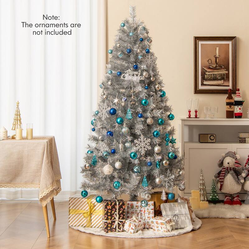 Gymax 5/6/7 FT Pre-Lit Artificial Christmas Tree Silver Tinsel Hinged - See Details