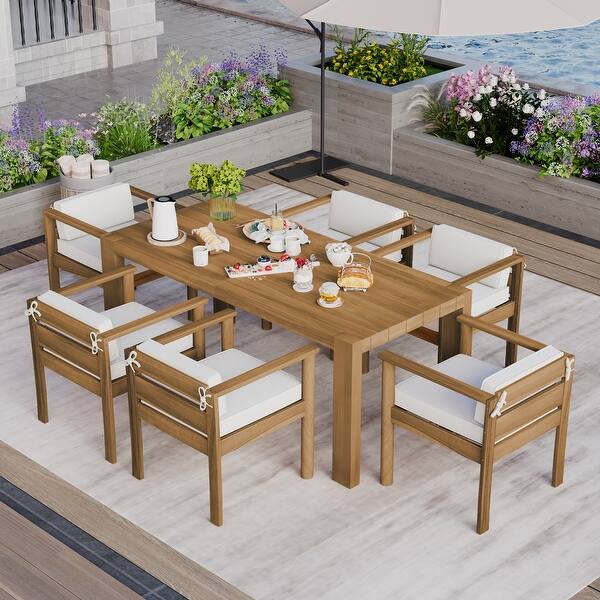 bed bath and beyond patio dining set with umbrellas 7-Piece Acacia Wood Patio Dining Set with Umbrella Hole & Low Back  Cushioned Chairs - Bed Bath & Beyond
