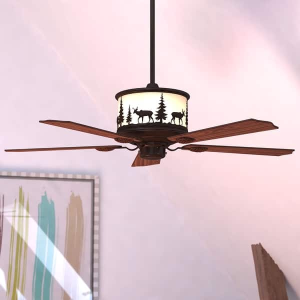 slide 2 of 9, Yellowstone 56 in. Bronze Rustic Ceiling Fan, Reversible Rosewood-Dark Walnut Blades, LED Lighted Wildlife Motor Housing, Remote 56-in W x 18-in H x 56-in D - Burnished Bronze