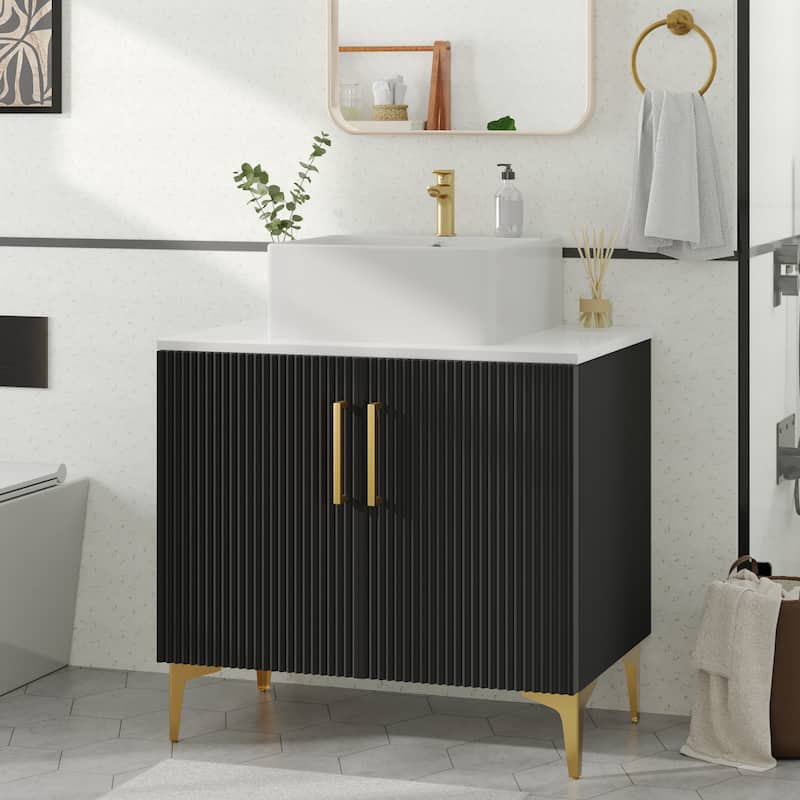 Freestanding Bathroom Vanity with White Stone Top Soft Close Doors and Gold Accents