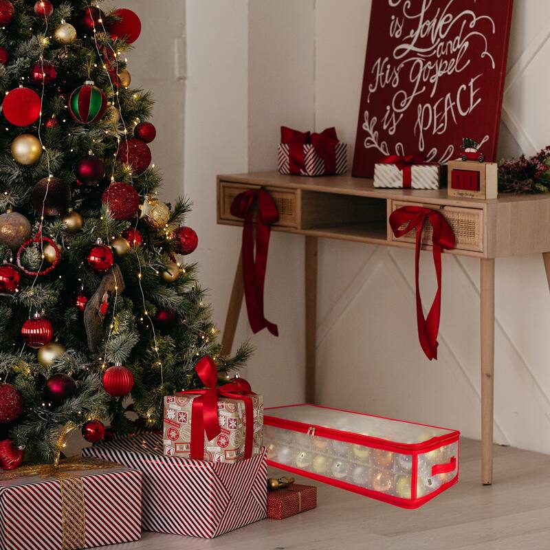 Transparent Zip Up Christmas Storage Box - 29" - Holds 80 Ornaments - Red and Clear