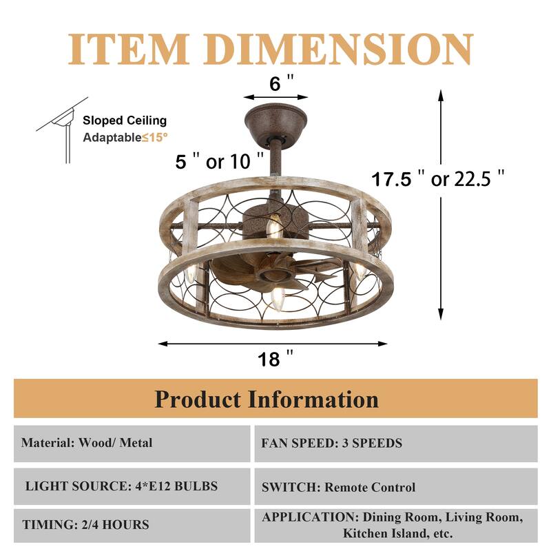 Cusp Barn 18'' Farmhouse Flush Mount Wood Ceiling Fan with Light, Rustic Bladeless Caged Ceiling Light, Antique Fandelier