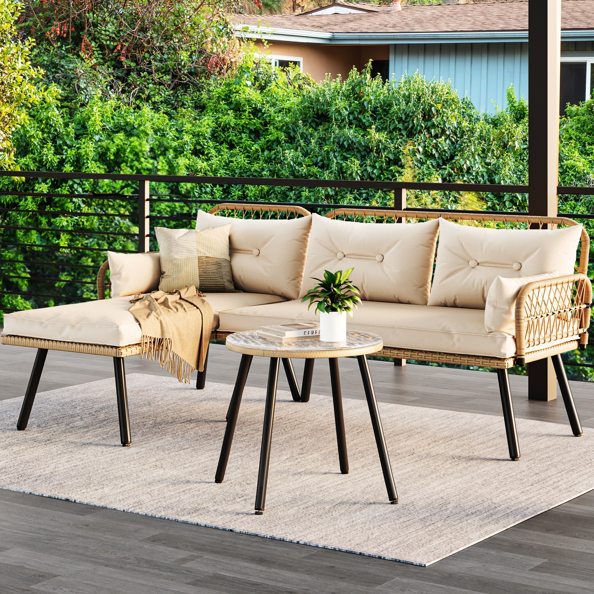 Moasis 3 piece Wicker Patio Furniture Set Rattan Sectional L Shaped Sofa Detachable with Cushions 70.5 L x 48.4 W x 32.7 H On Sale Bed Bath Beyond 40146701