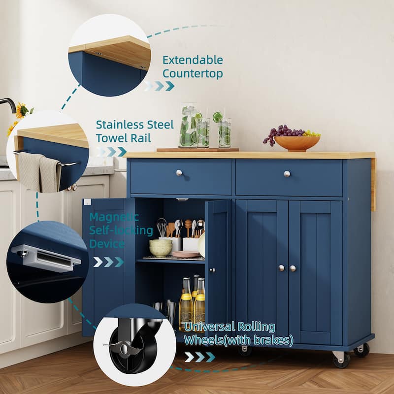 Kitchen Storage Island with 2 Drawers & Extendable Countertop - Rolling Storage Cart with Towel Rail, Lockable Wheels
