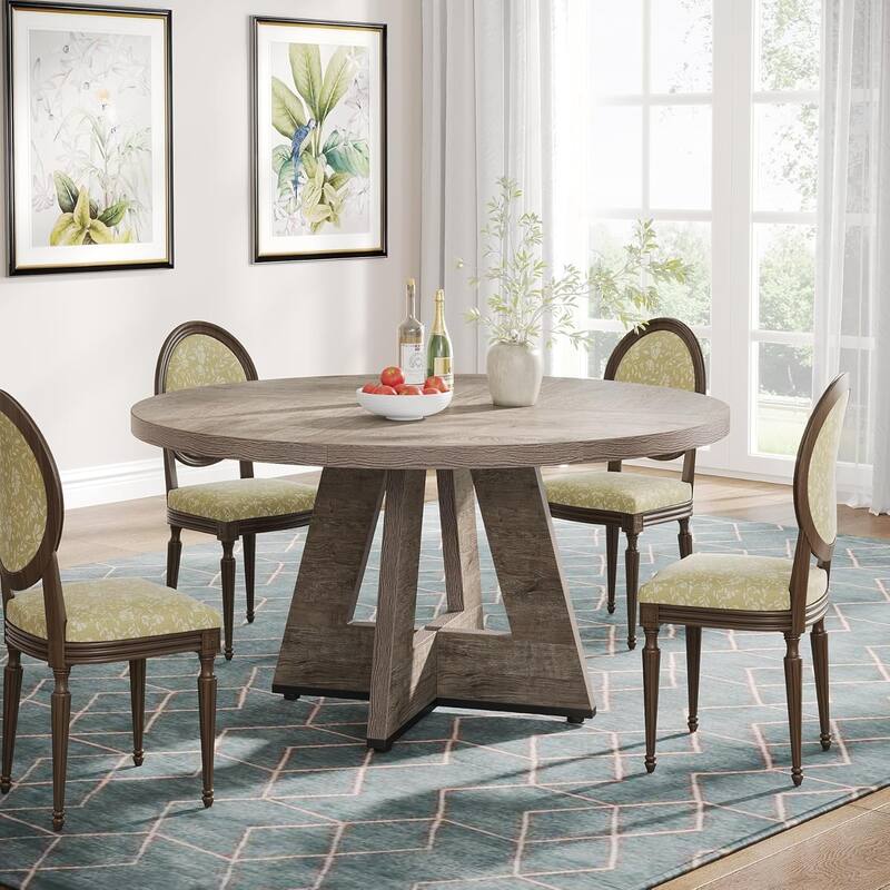 47" Round Dining Table for 4-6 People Rustic Wood Table with Pedestal Base for Kitchen Dining Room Living Room