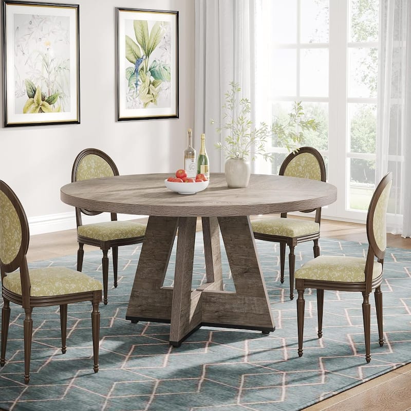 47" Round Wood Dining Table 4-Seater Farmhouse with Wooden Tabletop Cross Base for Dining Room/Kitchen - Grey