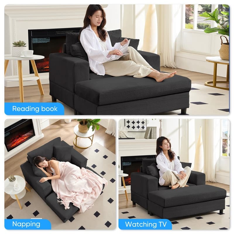 Mixoy Corduroy Chaise Lounge Deep Seat Sleeper Sofa Chair with Storage Ottoman,Upholstered 1-Seater/Loveseat Sofa Couch