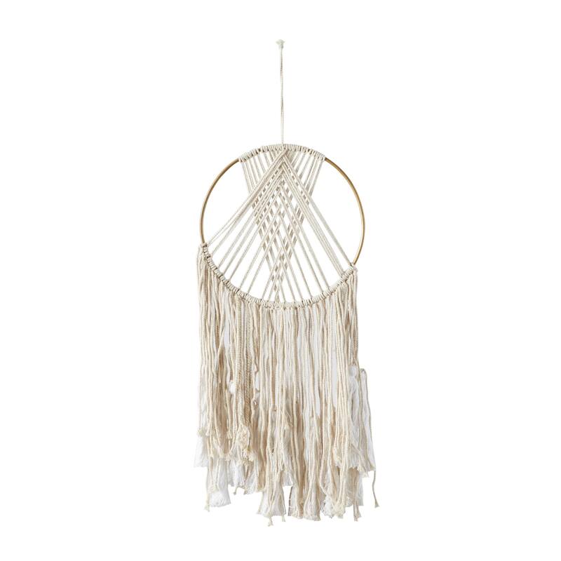 Wool Fabric Macrame Handmade Intricately Weaved Wall Decor with Beaded Fringe Tassels - Cream - Roche River Decor