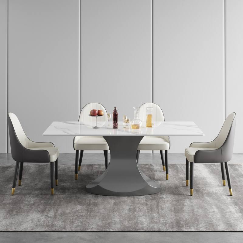 Rectangular Dining Table, Faux Marble Kitchen Dining Table with Grey Pedestal.