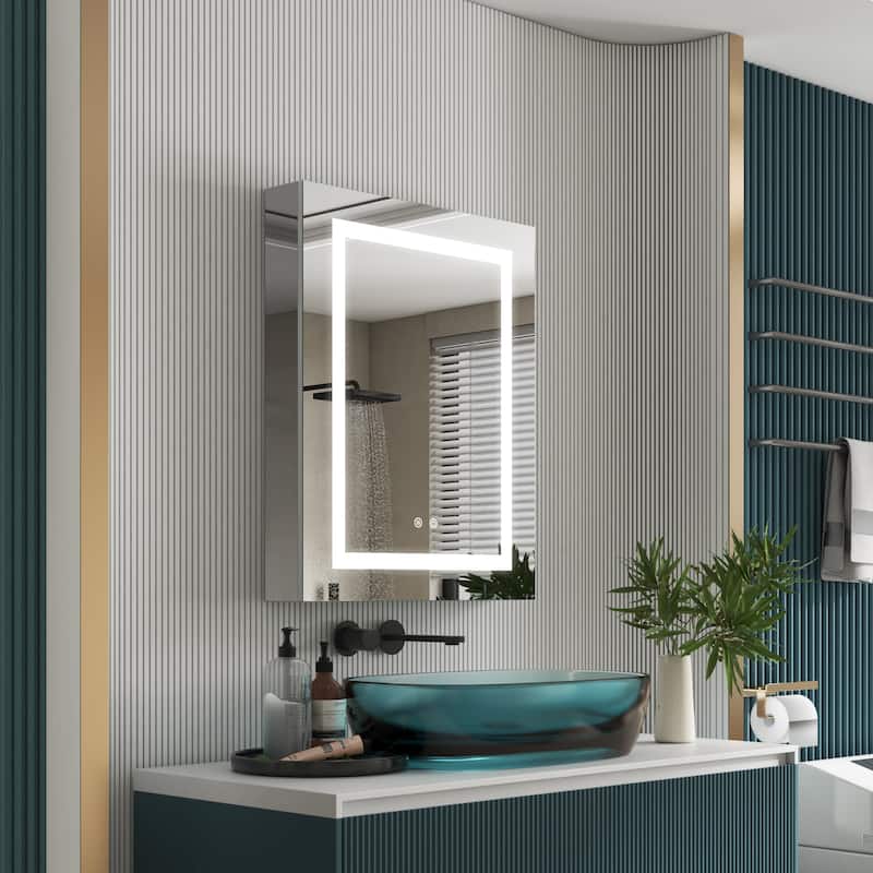 30" H Recessed or Surface LED Mirror Cabinet with Adjustable Glass Shelves,Defogger, Dimmer And Outlets & USB Ports