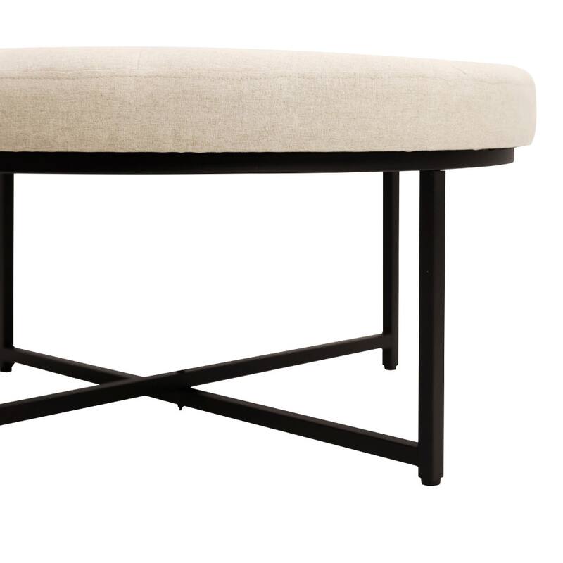 Round Cotton Linen Tufted Ottoman with Metal Frame