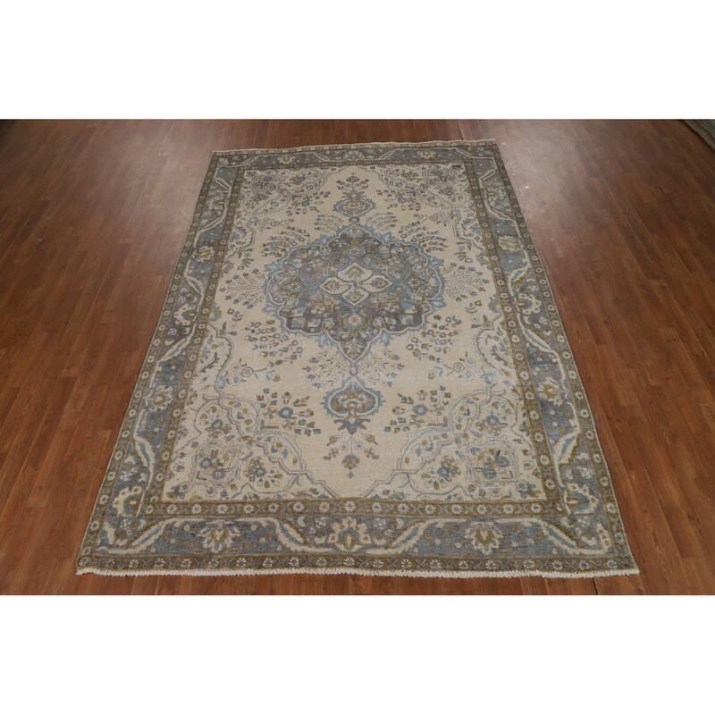Tabriz Persian Area Rug Handmade Beige Wool Carpet - 6'7"x 9'8"