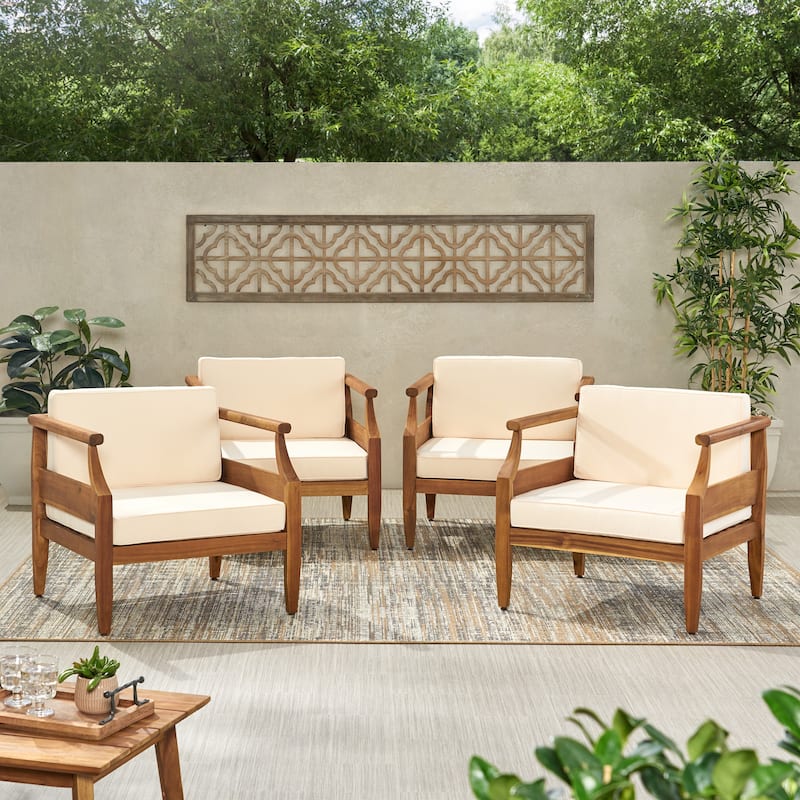 Aston Outdoor Mid-century Modern Acacia Wood Club Chair (Set of 4) by Christopher Knight Home - Teak Finish + Cream Cushion