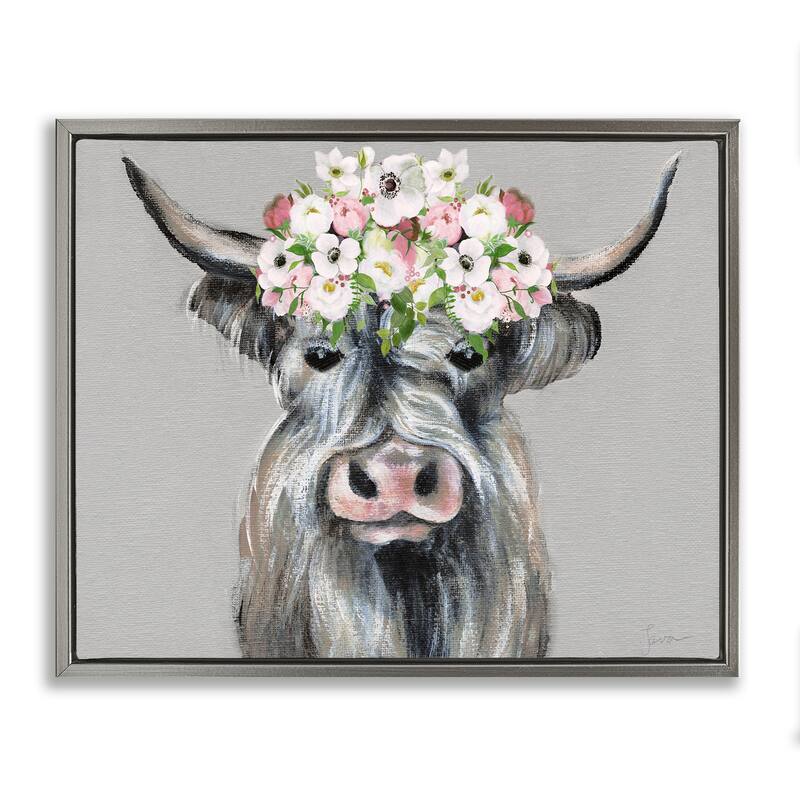Stupell Shabby Chic Cattle with Garland Framed Floater Canvas Wall Art Design By Janet Tava - 31 x 25 - Grey
