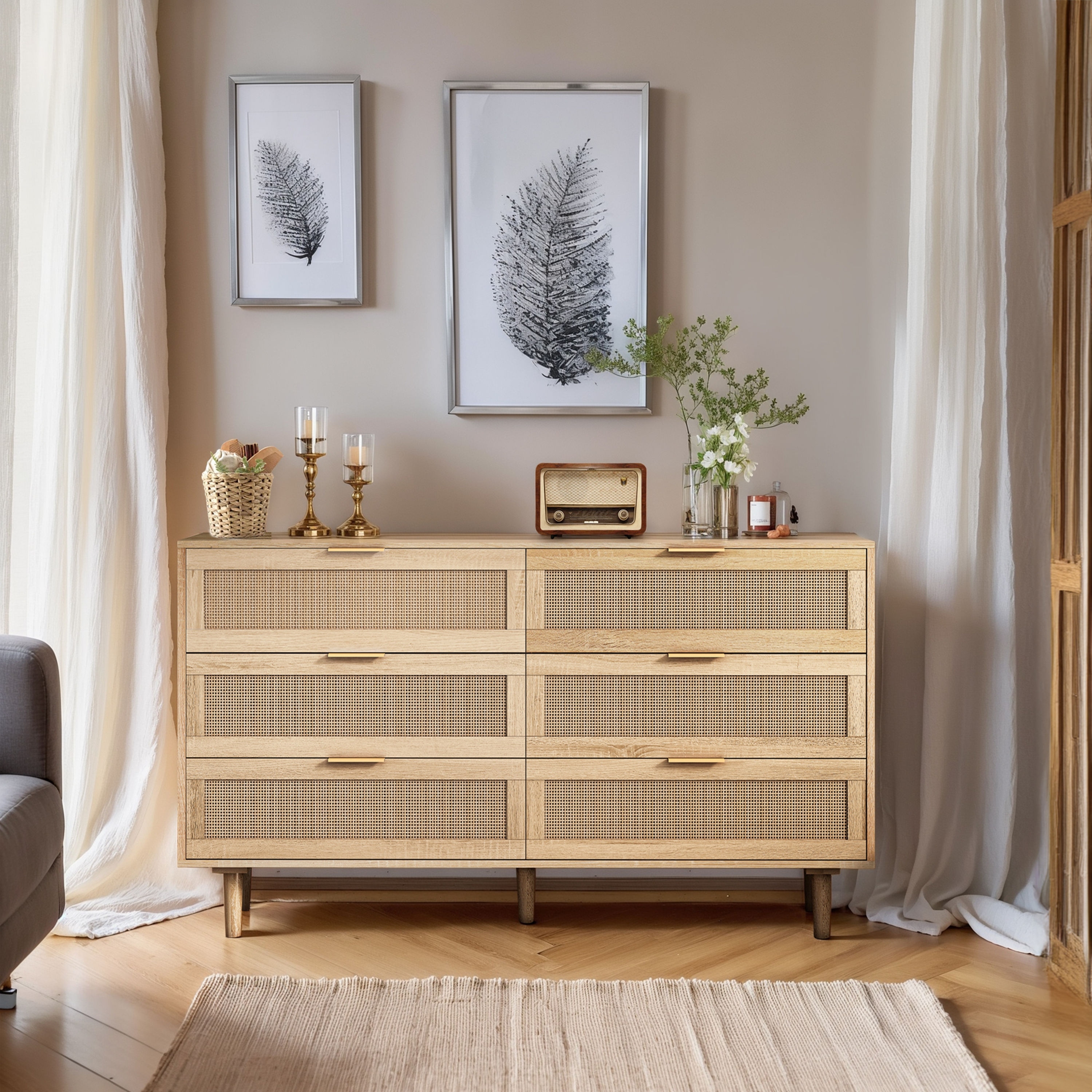 6-Drawers Rattan Storage Cabinet for Bedroom