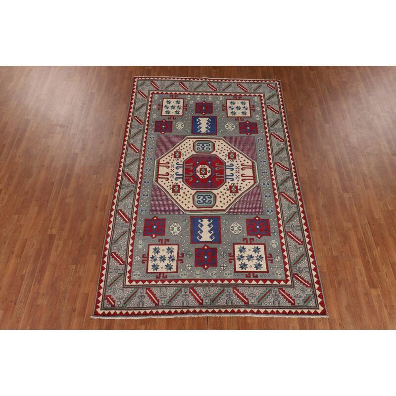 Geometric Gray Kazak Oriental Area Rug Handmade Wool Carpet - 6'4" x 10'0"