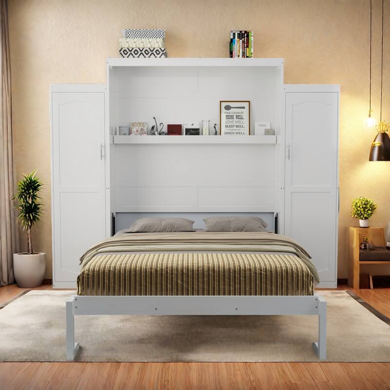 Full Size Murphy Bed with 2 Wardrobes and Shelves,Solid Wood Construction, Fold-Down Design - White