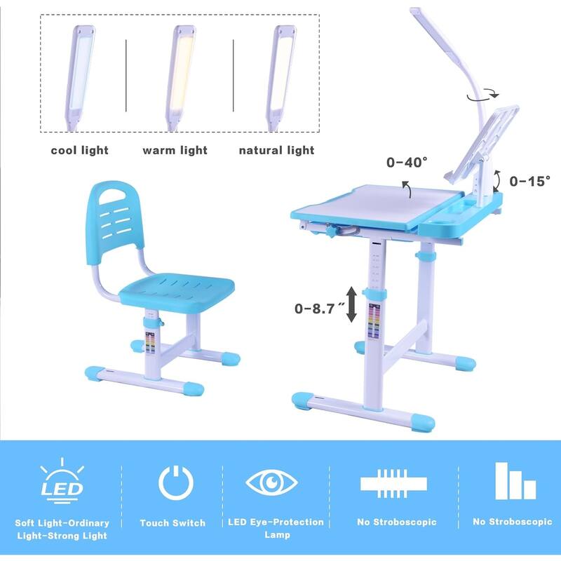 Adjustable Kids Desk and Chair Set with Tilt Desktop LED Lamp Storage Accessories Ergonomic Study - 15.0" x 15.0" x 21.3"-30"