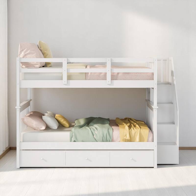 Full Over Full Bunk Bed with Storage Staircase and Shelves, Convertible Design, No Box Spring Needed,kid beds