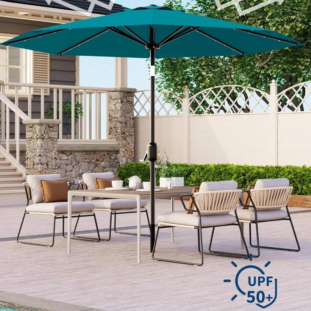 9 Ft Patio Umbrella with Solar Lights for Pool, Deck, Backyard