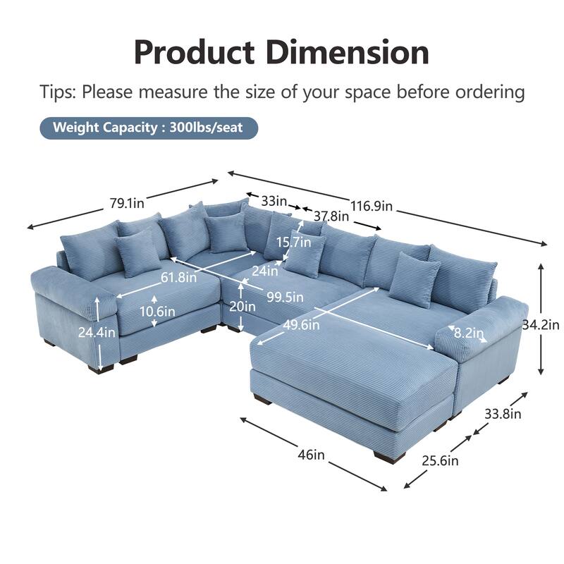 GDFStudio - Corduroy 5-Seater 116.9" Cloud Modular Sectional Couch with Ottoman