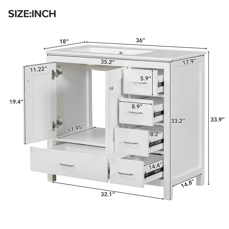 36" Bathroom Vanity with Ceramic Sink Solid Wood Base Soft Close Doors and 5 Storage Drawers