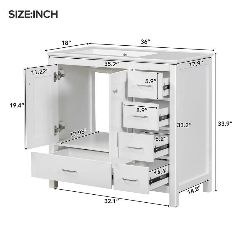 36" Vanity Set – Ceramic Sink, Soft-Close Doors & 5 Drawers‌