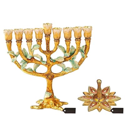 Matashi Hand Painted Enamel Menorah Candelabra w/ Tree & Flower Buds Design & Spinning Dreidel Holiday Ornaments w/ Crystals
