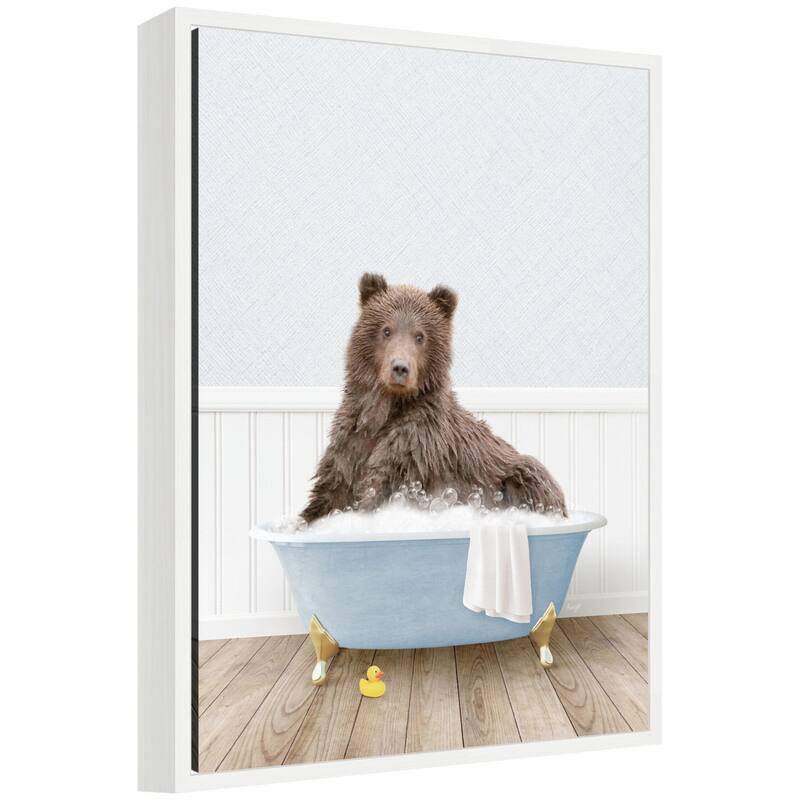 Kate and Laurel Sylvie Bear in Cottage Blue Bathtub Framed Canvas by Amy Peterson - White