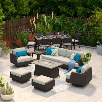 Portofino Comfort 17 Piece Sunbrella Outdoor Patio Motion Seating & Dining Set With Fire Table
