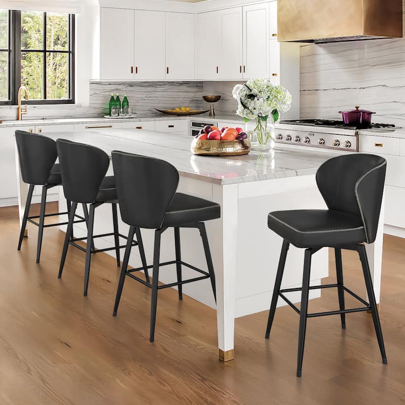 Modern Shell Back Swivel Bar Stool with Faux Leather Upholstered Seat and Metal Legs Counter Stool - Black - Set of 4