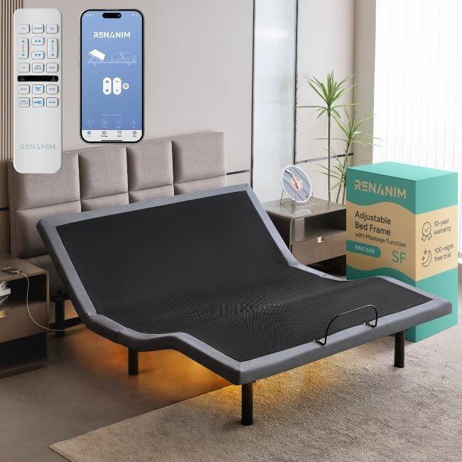 Renanim SF Adjustable Bed Frame, Dual Massage, USB, Underbed Light, App Control, Head and Foot Incline, Reclining Base - King