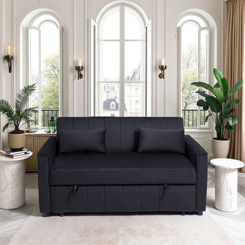2 Seat Sleeper Sofa Bed, 3-in-1 Velvet Pull Out Couch w/ Adjustable Back, Square Armrest Sofa w/ 2 Pillows Storage Pockets - Black