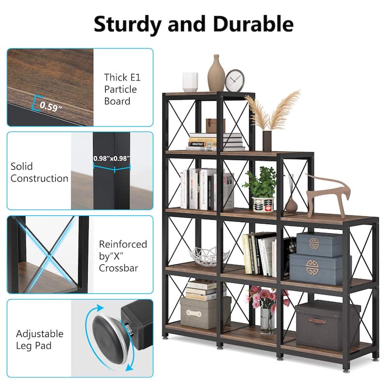 Brown/ Black Industrial 12-shelf Ladder Bookshelf, White Modern 9 Cubes Stepped Etagere Display Bookcase