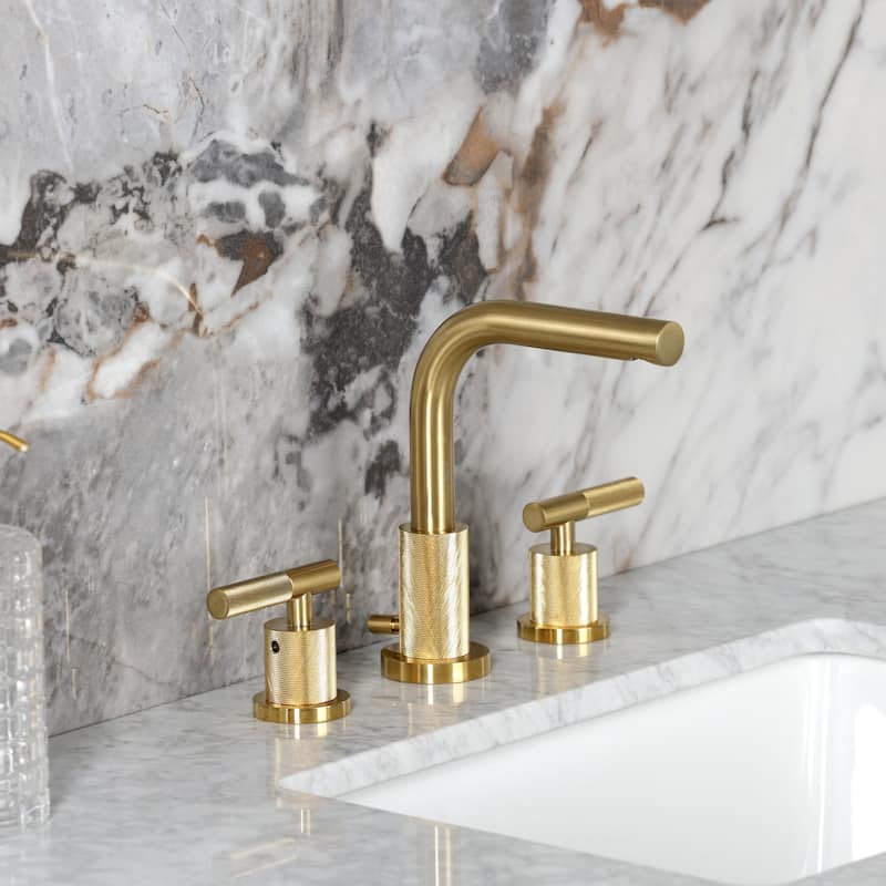 Kingston Brass Convergent Two-Handle 3-Hole Deck Mount Widespread Bathroom Faucet with Knurled Handle and Brass Pop-Up Drain