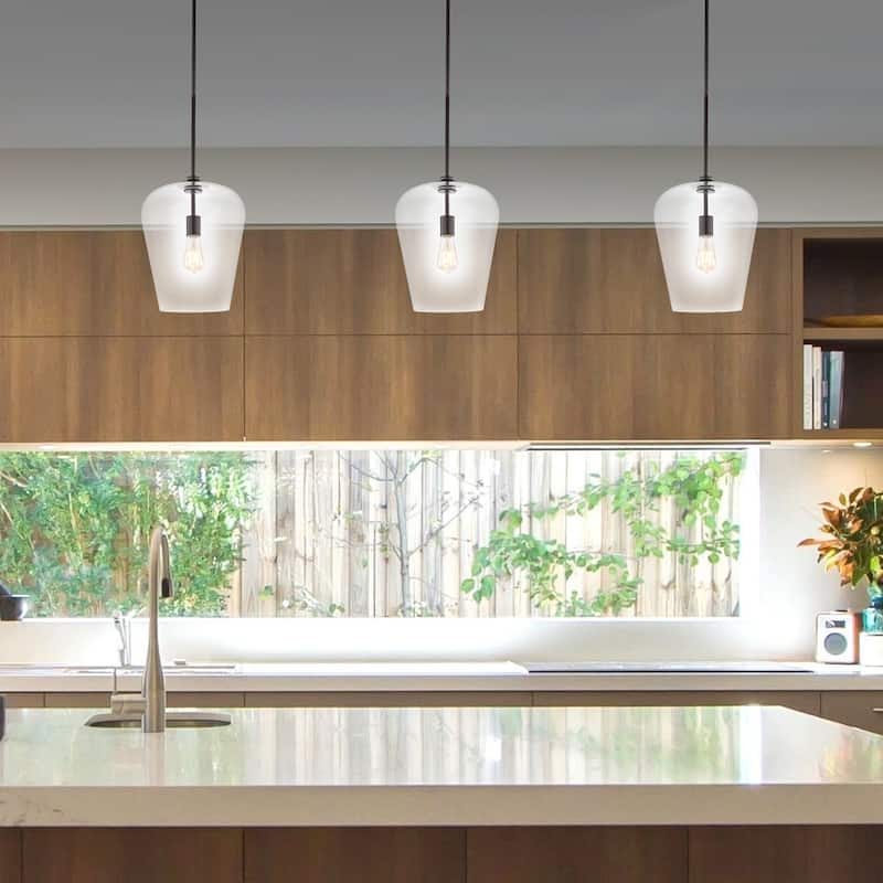Ikon 11.25" 1-Light Industrial Farmhouse Iron/Glass LED Pendant, Oil Rubbed Bronze/Clear by JONATHAN Y