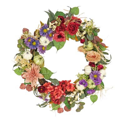 National Tree Company 30 in. Harvest Serenity Floral and Pumpkins Wreath - 30 in
