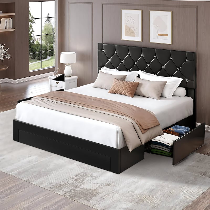 Javlergo Twin/Full/Queen Size Bed Frame with Headboard Upholstered Tufted LED Platform Bed Frame with 4 Storage Drawers