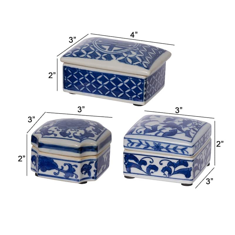 Set of 3 Decorative Boxes, White and Blue Porcelain Pottery, Floral Designs