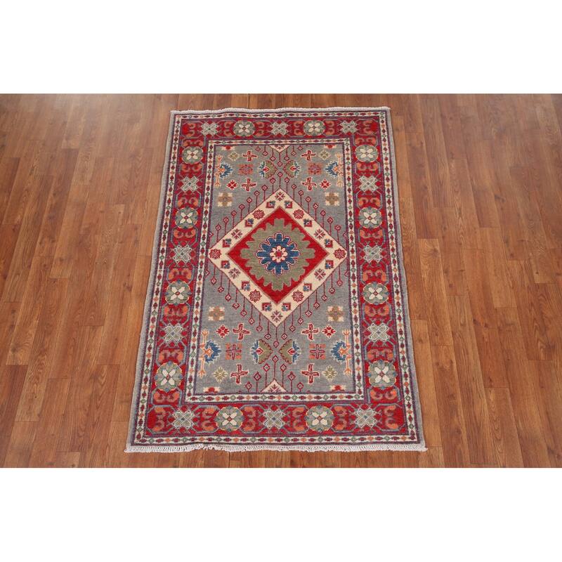 Gray Geometric Kazak Foyer Rug Hand-Knotted Hallway Wool Carpet - 3'3" x 4'4"