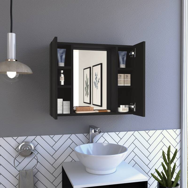 Bathroom Medicine Cabinet, Double Door, Mirror, One External Shelf - Black