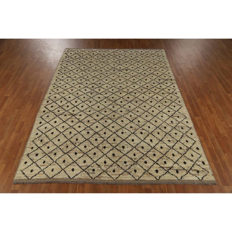 Beige Trellis Moroccan Oriental Area Rug Handmade Wool Carpet - 6'11" x 9'9"