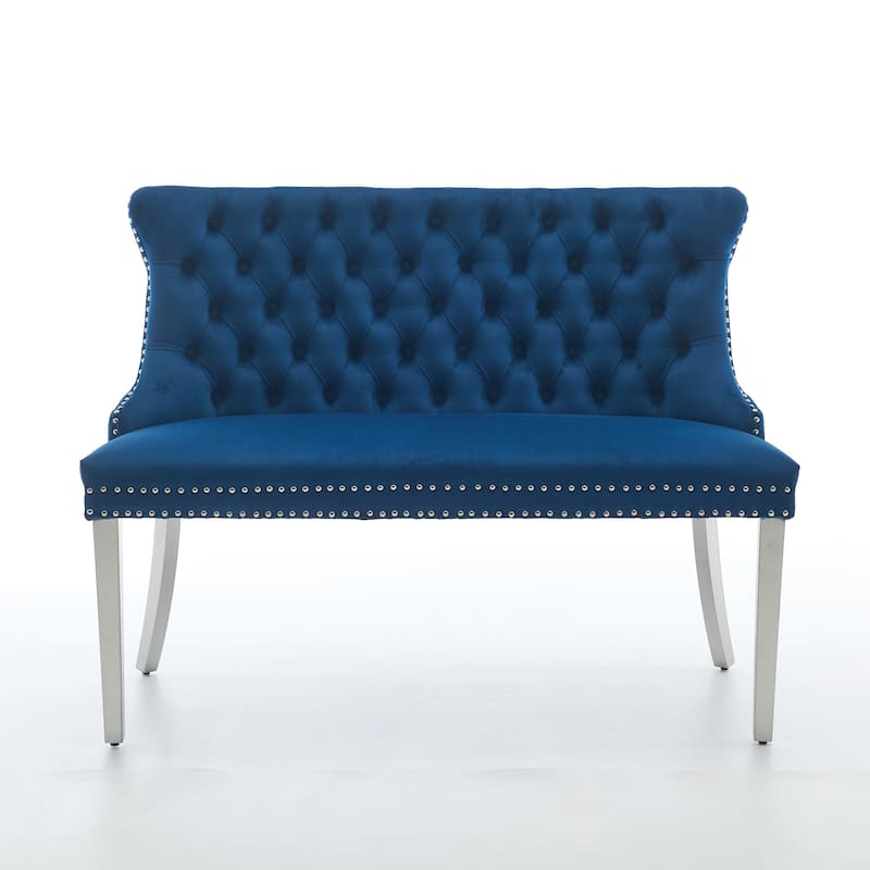 Roomfitters Upholstered Loveseat Bench with Nailhead Trim and Silver Legs, Modern High Back Settee for Dining Room